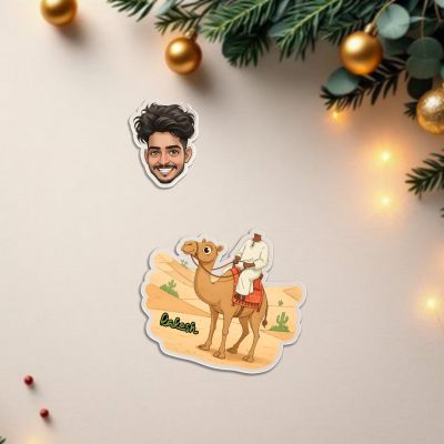 Personalized Caricature Bobblehead with Camel Desert Theme, Custom Cartoon Character Face Cutout & Name | Battery Powered Moving Head Decoration Items for Home & Car Dashboard